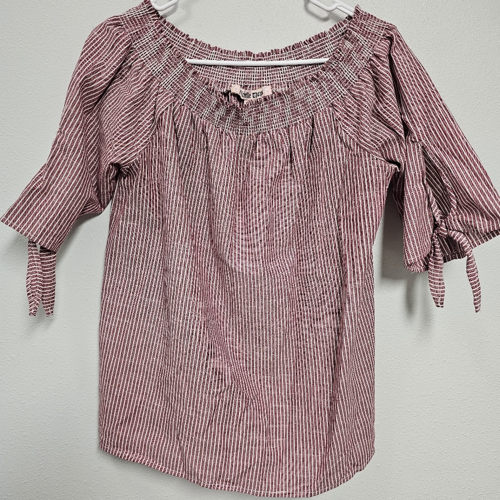 Michelle Thomas red and white Striped Off The Shoulder Blouse